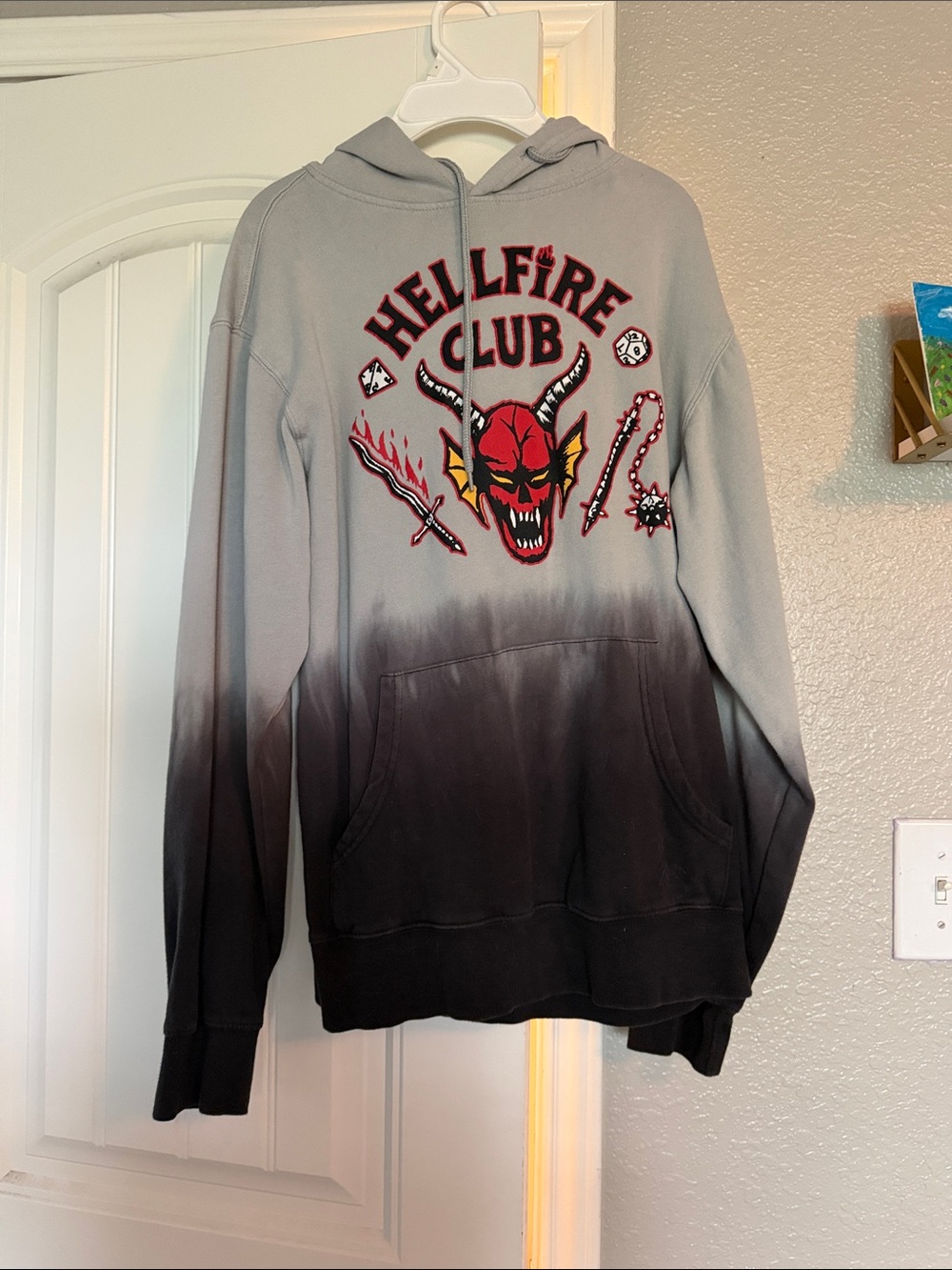 Women or Men Netflix Hellfire Club Ombre Gray to Black Hoodie with Red Graphic